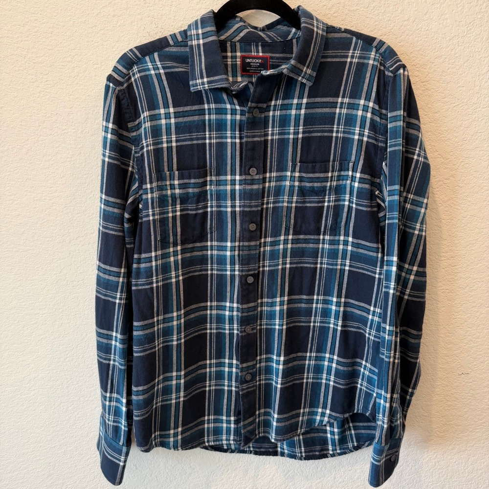 UNTUCKit Mens Slim Fit Organic Cotton Plaid Flannel Shirt Blue White Medium
